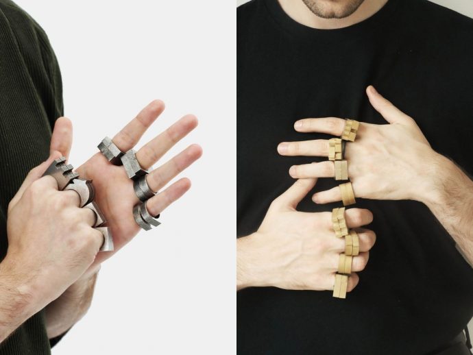 This ‘Wearable’ Chess Set features 32 ‘Chessmen’ Rings, and a Checkered Playable Scarf