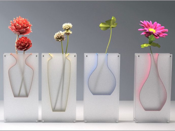 Frosted acrylic vase concept both highlights and obscures the beauty of flowers