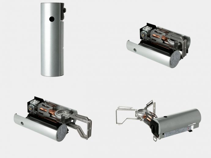 Metal canister transforms into a butane stove like some sci-fi robot