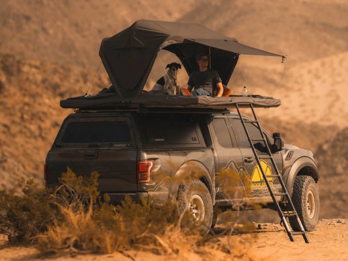 Roof Space 4 hardshell rooftop tent opens on both sides to provide private terrace for panoramic view