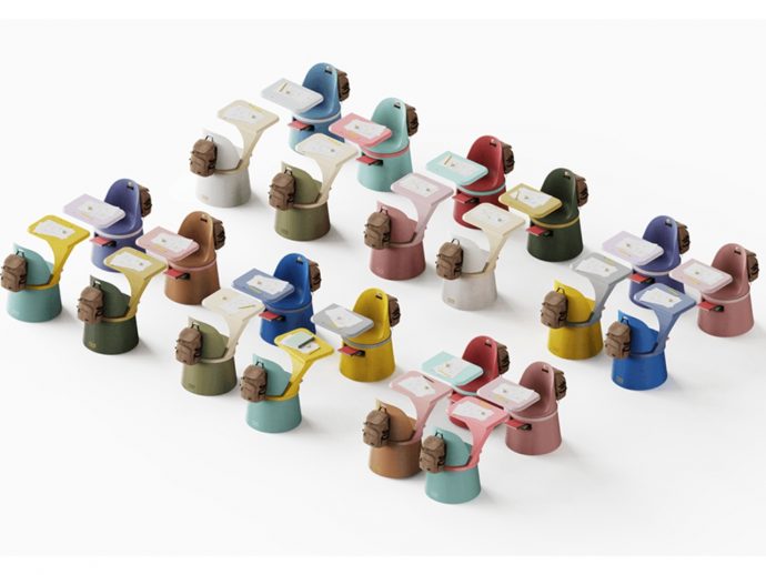 School desk reimagined as a colorful, light, and fun pieces to light up rural classrooms