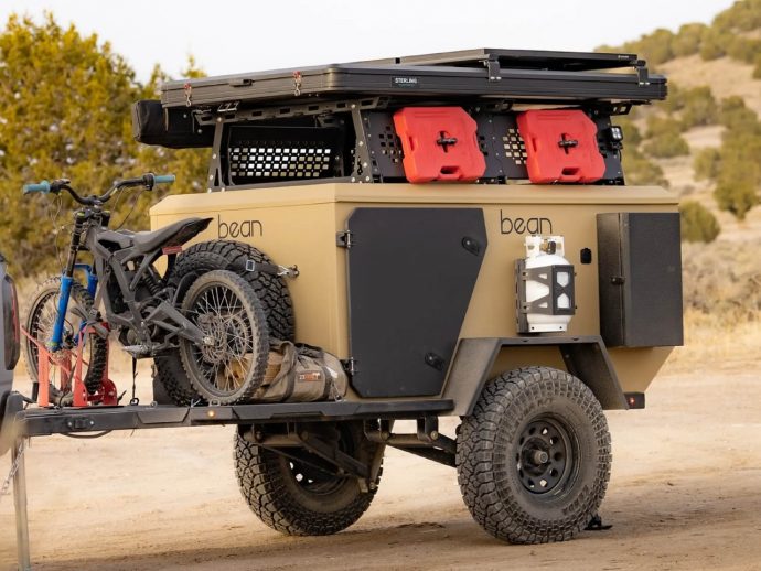 Bean Pod off-road teardrop gear hauler has a spacious interior and a rooftop sleeper