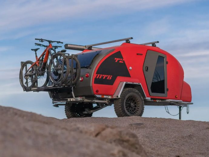 Escapod TOPO2 mountain bike specific teardrop camper has a repair workstation onboard