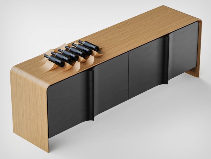 Sculptural Brazilian Buffet Table Inspired by Wind-Carved Dunes Doubles As A Wine-Bar