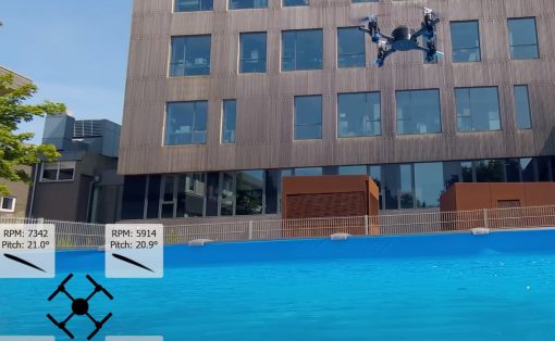 Screenshot from YouTube video showing drone in flight above water