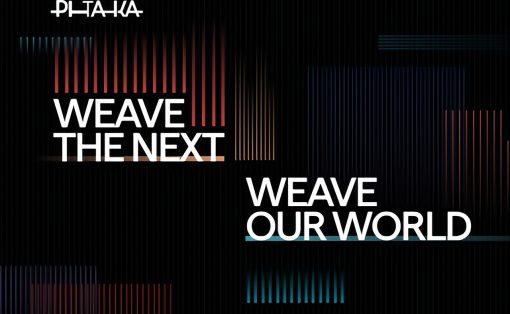 Abstract dark graphic with vertical neon stripes and two white phrases: 'WEAVE THE NEXT' and 'WEAVE OUR WORLD'.