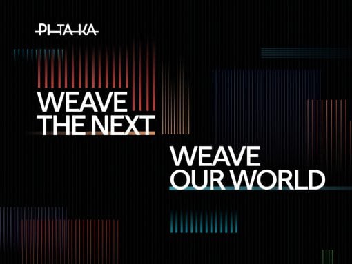Abstract dark graphic with vertical neon stripes and two white phrases: 'WEAVE THE NEXT' and 'WEAVE OUR WORLD'.