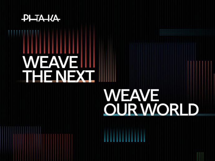 Abstract dark graphic with vertical neon stripes and two white phrases: 'WEAVE THE NEXT' and 'WEAVE OUR WORLD'.