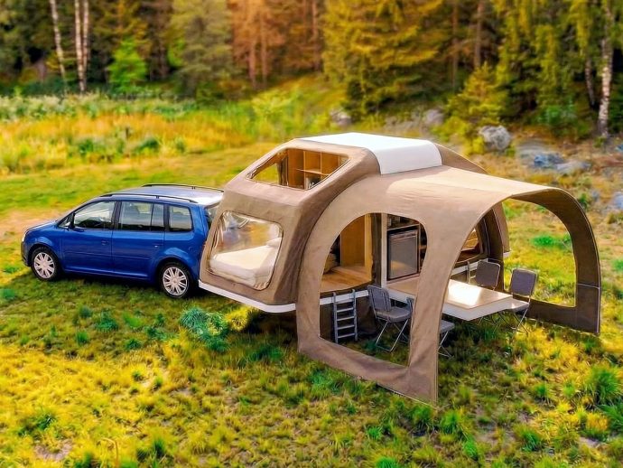 Wingcube transforms from compact box trailer into spacious family camper