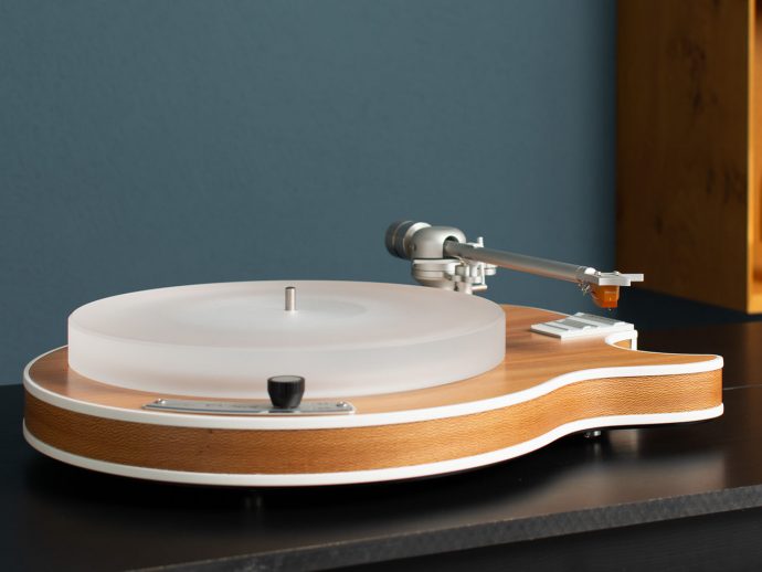 Electric guitar–shaped Clearaudio Celebrity Al Di Meola Edition Turntable exemplifies functional art