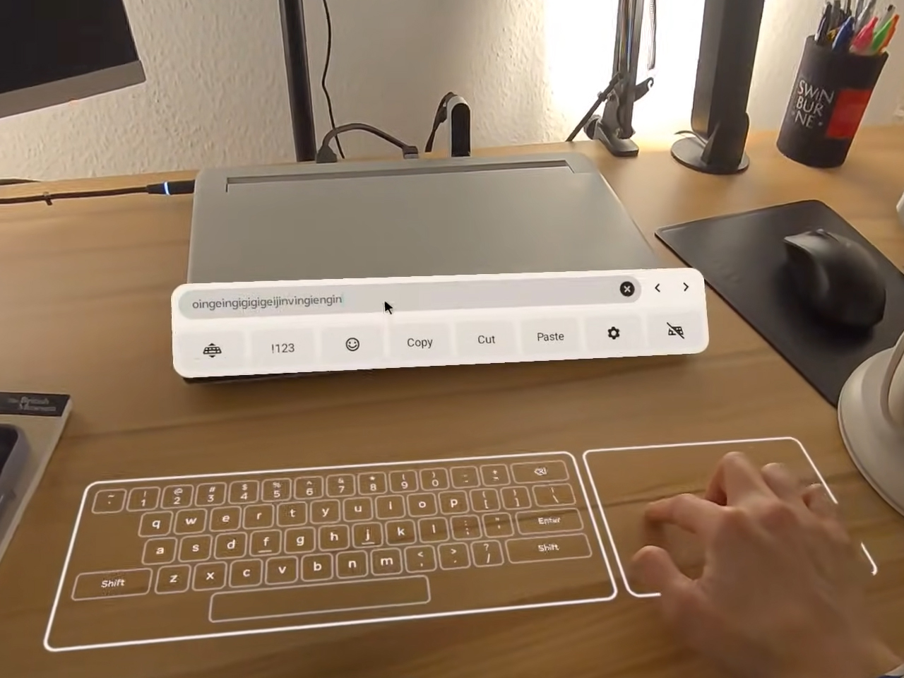 image of meta quest 3's virtual "surface" keyboard and trackpad