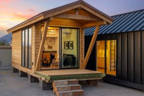 Irontown Modular Built a Tiny Cabin With Vaulted Ceilings & Warm Wood Walls for Under $50K