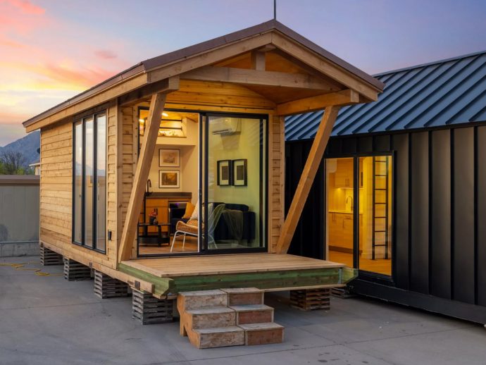 Irontown Modular Built a Tiny Cabin With Vaulted Ceilings & Warm Wood Walls for Under $50K