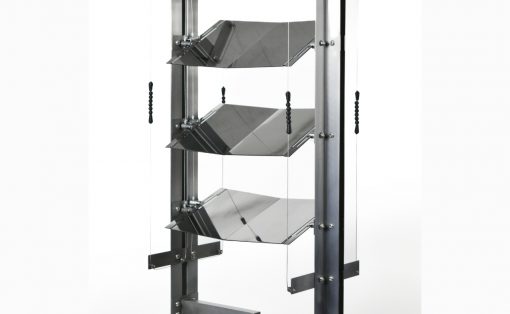 Three-tier chrome steel display rack with angled shelves and pulley cords on a metal frame