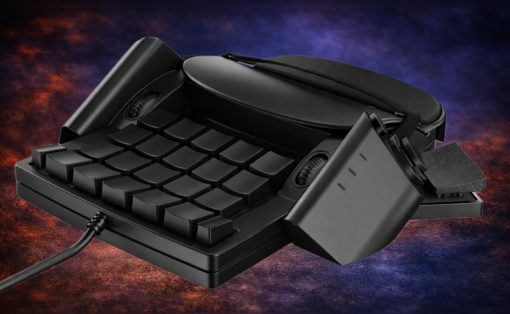 Black retro keyboard with a vintage telephone handset resting on top, cord trailing to the left, set against a dark, colorful background.