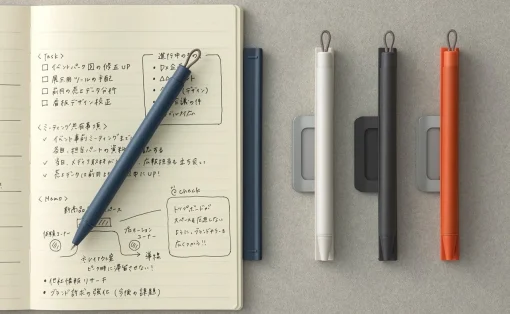 Open notebook with handwritten sketches and checklists, a blue pen resting on the pages; four marker pens (white, black, gray, orange) clipped on a gray surface to the right.
