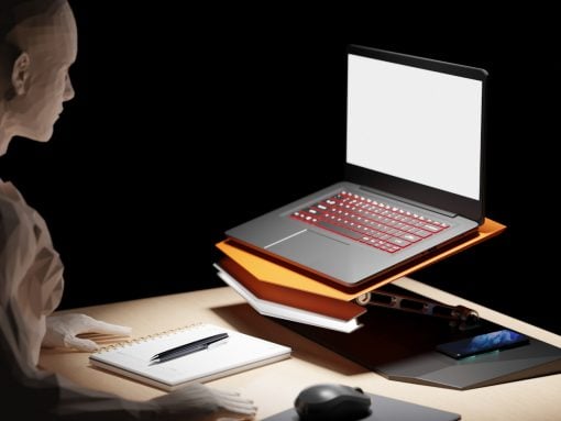Abstract figure at a desk with a laptop perched on a stack of orange folders, plus a notebook, pen, mouse, and smartphone nearby.