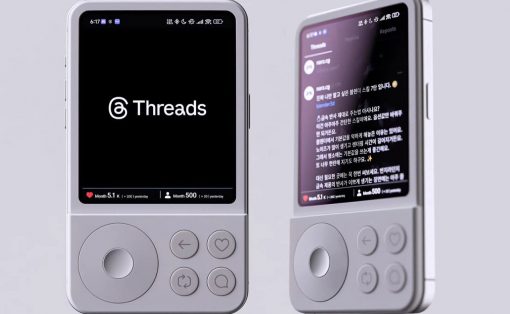 Two small handheld devices with large screens; left screen shows the Threads logo on black background, right screen shows a dark feed with text in Korean and icons.