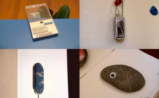 Collage of four product shots: a vintage smartphone on a blue surface, a phone hanging from a keychain on a wall, a blue-bordered phone mounted on white, and a stone-like device with a camera lens on a page marked 'YD Yanko Design'