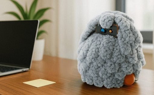 A fluffy gray knitted creature with a phone showing cartoon eyes peeks from inside, on a wooden desk beside a laptop.