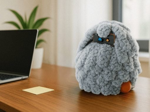 A fluffy gray knitted creature with a phone showing cartoon eyes peeks from inside, on a wooden desk beside a laptop.
