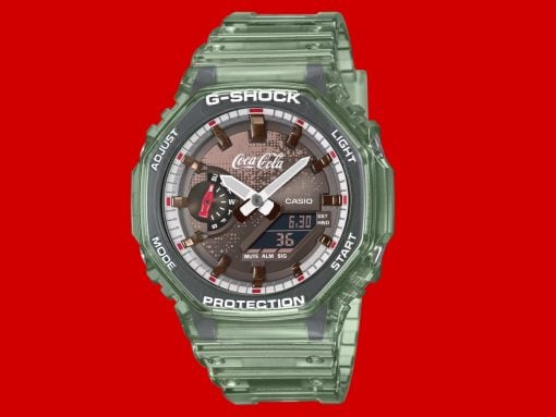 Green translucent G-Shock watch with Coca-Cola dial on a solid red background.