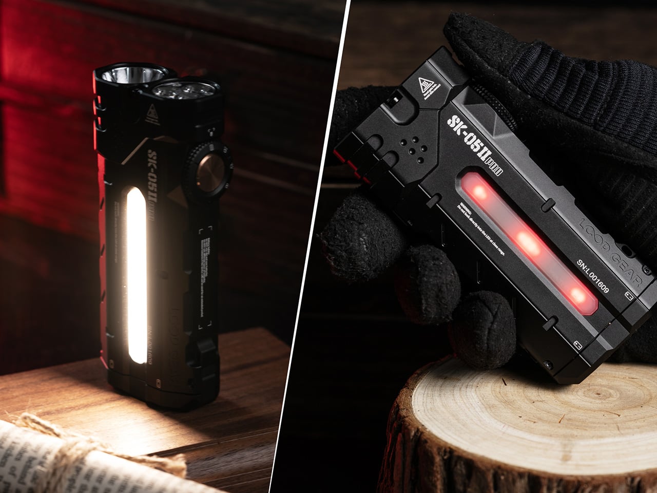 Split image: left shows a black tactical flashlight standing on wood with a bright vertical beam; right shows a black battery pack with red LEDs held by a gloved hand over a wood stump.