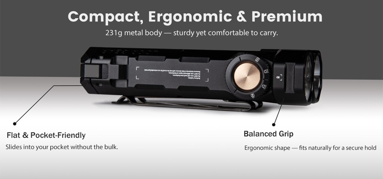 Compact flashlight with a 231g metal body, labeled as flat & pocket-friendly and with a balanced, ergonomic grip for secure hold.