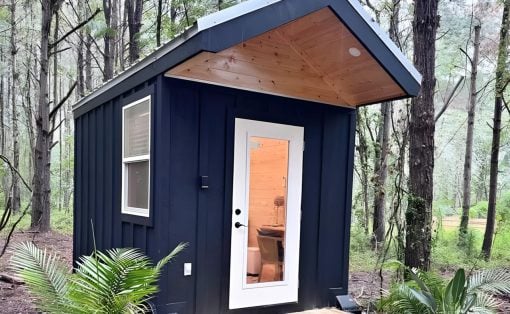 Small dark-blue shed in a wooded yard with a white-framed glass door, a wooden deck, and surrounding green plants.
