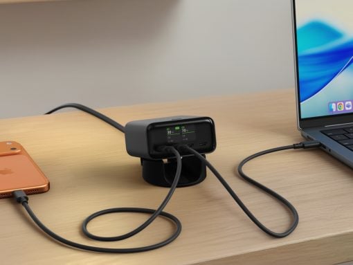 Black USB-C hub dock on a wooden desk connected to a laptop and an orange iPhone via charging cables