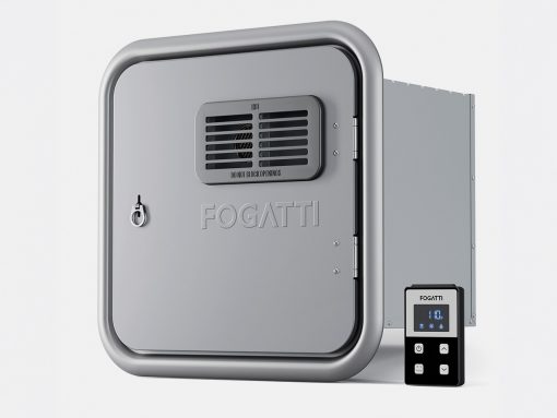 Industrial fogging/ventilation unit with a rounded square door and side digital controller labeled FOGATTI