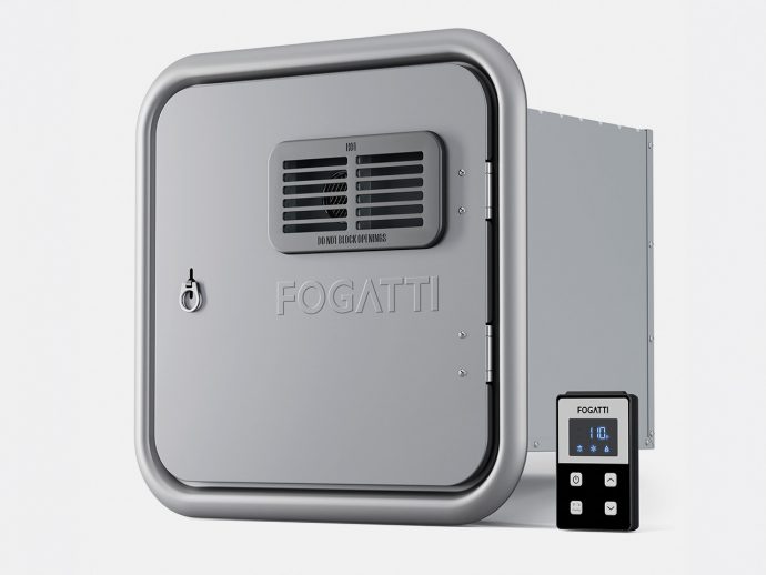 Industrial fogging/ventilation unit with a rounded square door and side digital controller labeled FOGATTI