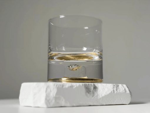 Clear glass tumbler with a small amount of amber liquid, resting on a white rough stone block on a white surface.