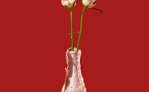 Two pink roses with green stems in a tall, textured pink vase against a solid red background.