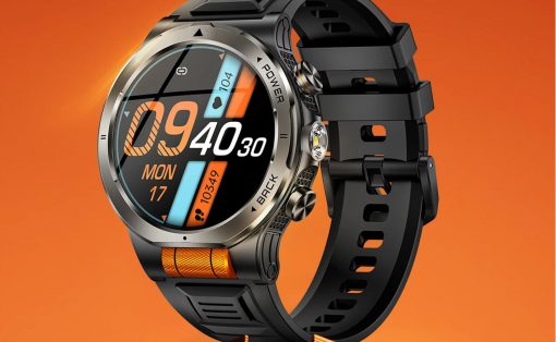 Rugged black and orange sports smartwatch with a round colorful display on an orange background, showing time and date
