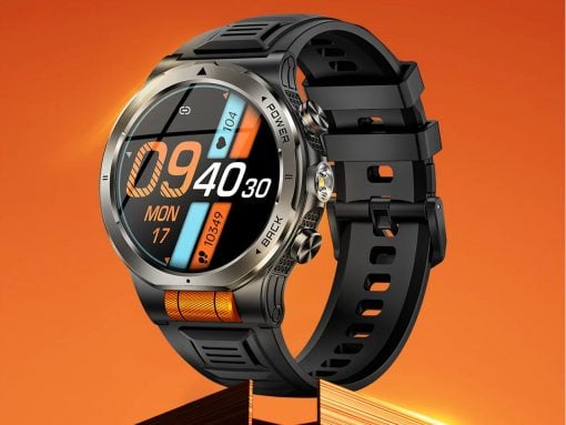 Rugged black and orange sports smartwatch with a round colorful display on an orange background, showing time and date