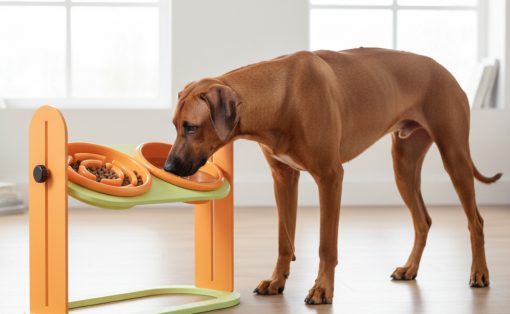 Brown dog standing at a bright orange–green interactive puzzle feeder, eating kibble indoors.