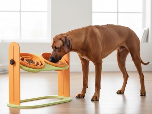 Brown dog standing at a bright orange–green interactive puzzle feeder, eating kibble indoors.