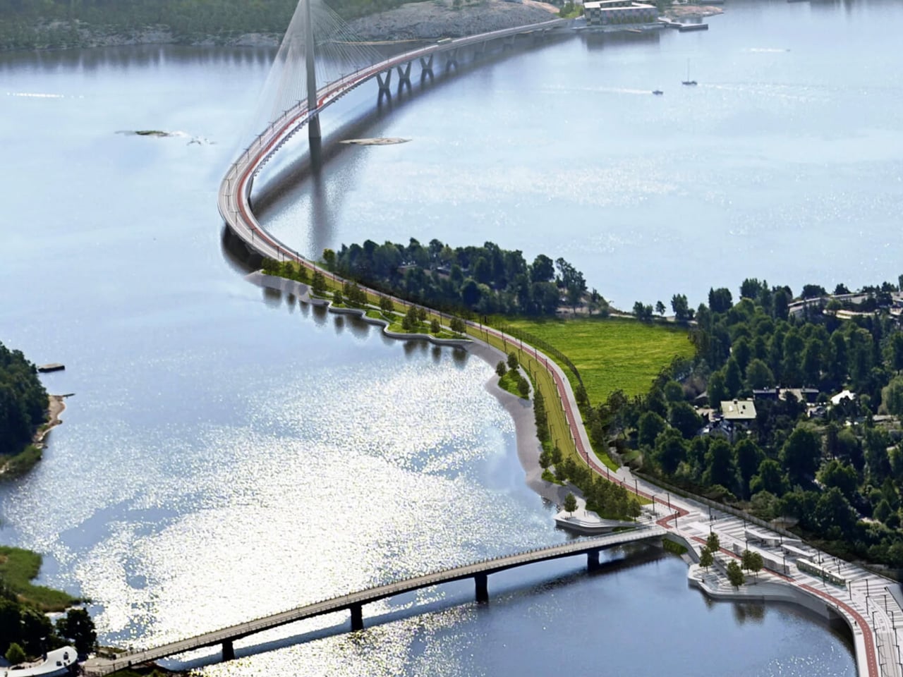 Aerial view of a winding riverside bike path and road with trees, crossing a curved bridge over calm water.