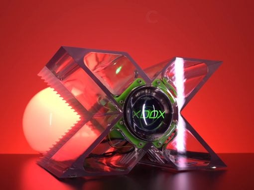 Futuristic X-shaped chrome device with a glowing green core displaying 'XDOX' against a red backdrop.
