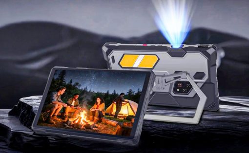 Rugged handheld device with a protective case, projecting a blue beam while the screen shows friends around a campfire at night.