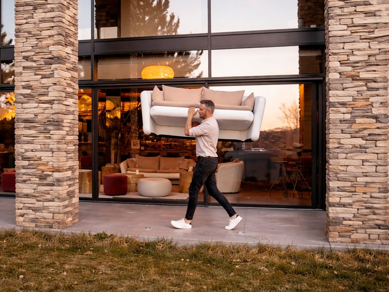 Man carrying a white sofa with beige cushions past a glass storefront at sunset.