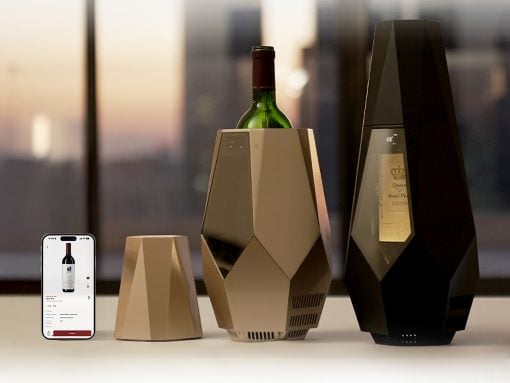 Geometric wine chillers with a bottle centered between a beige and a tall black unit; a smartphone on the left shows a wine product page.