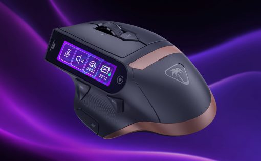 Ergonomic gaming mouse with side buttons and a lit OLED panel displaying icons on a purple background.