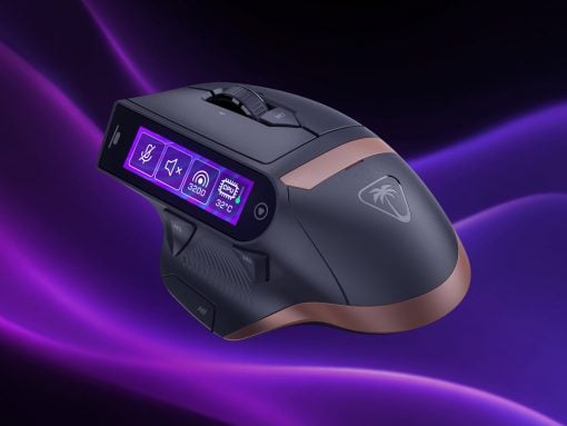 Ergonomic gaming mouse with side buttons and a lit OLED panel displaying icons on a purple background.