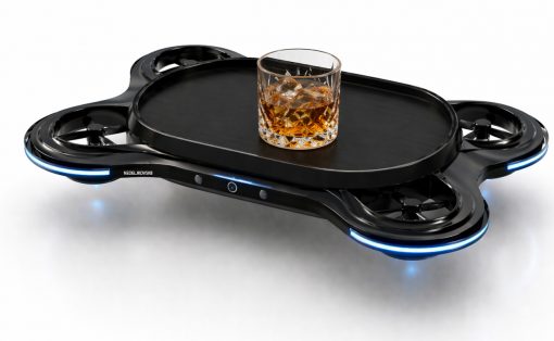 Futuristic black drone with circular side arms and blueLED rings, carrying a whiskey glass on a flat central platform.