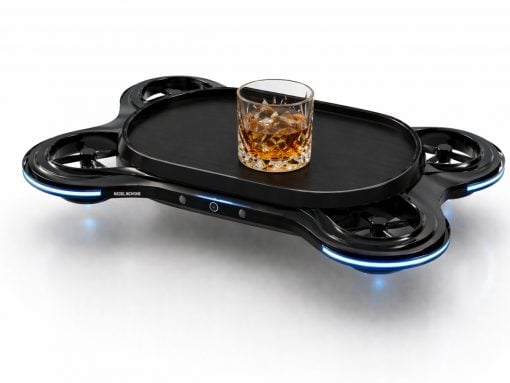 Futuristic black drone with circular side arms and blueLED rings, carrying a whiskey glass on a flat central platform.