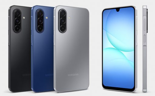 Samsung Galaxy smartphone lineup in black, blue, and silver backs, shown from rear with triple-camera modules; a front view is on the right.