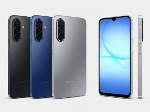 Samsung Galaxy smartphone lineup in black, blue, and silver backs, shown from rear with triple-camera modules; a front view is on the right.