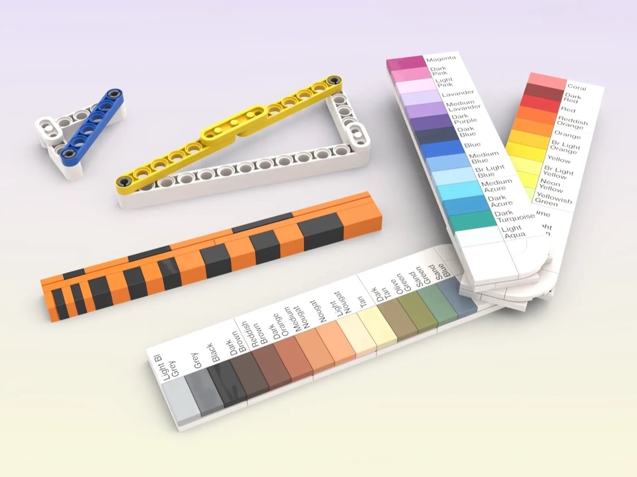 Assorted color swatches and LEGO-like construction pieces on a light gradient surface, showing color charts and markers for color matching.